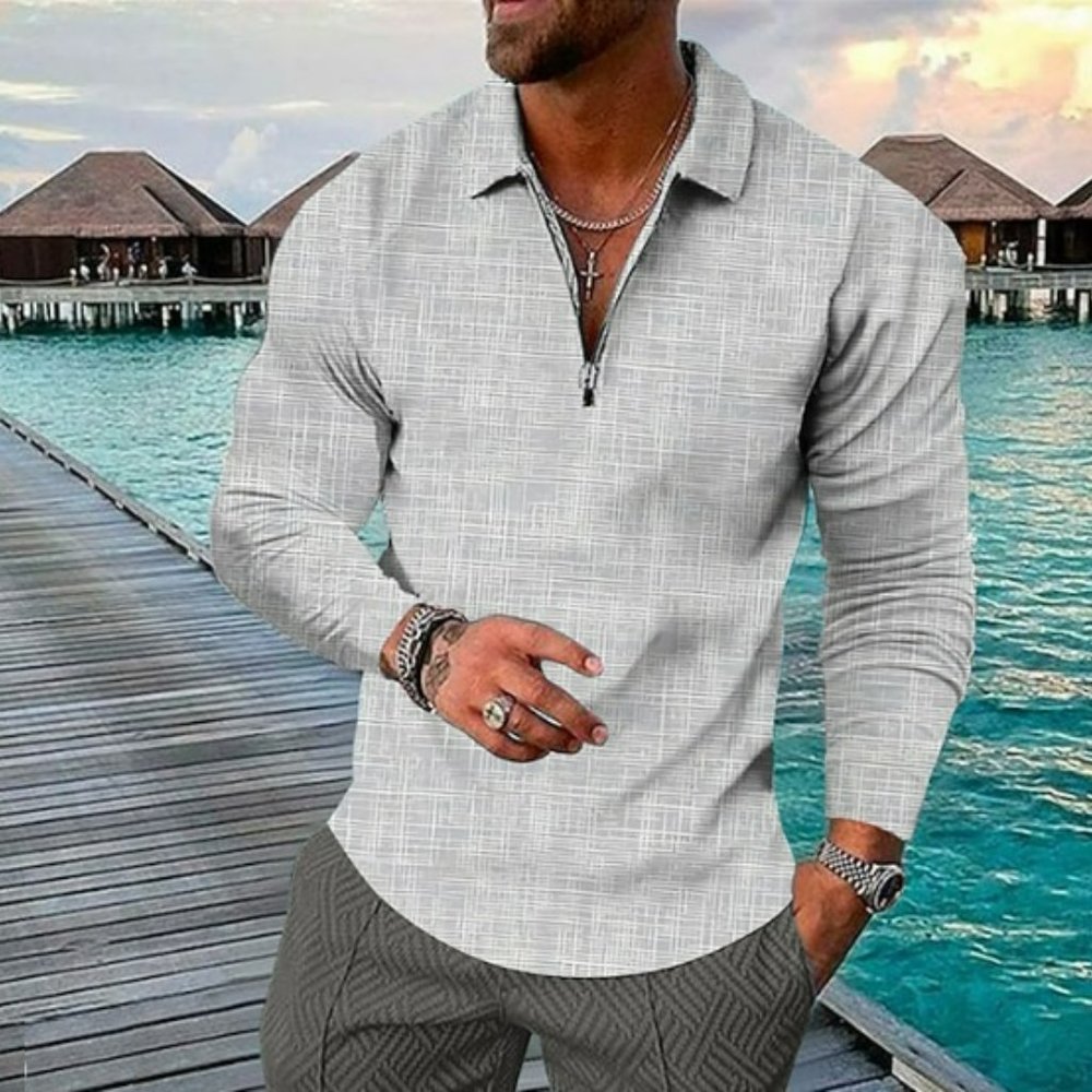 Men's Long sleeve; White Plaid print pull-over; quarter zip